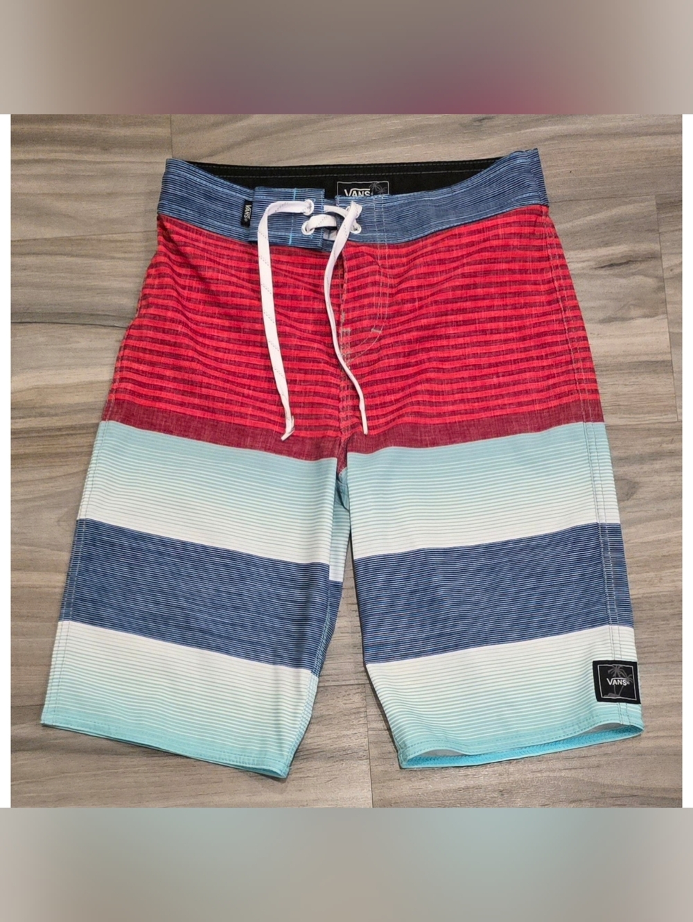 Vans Boys Board Shorts Size 24 8 Red Blue Striped Swim Trunks Surf Shorts